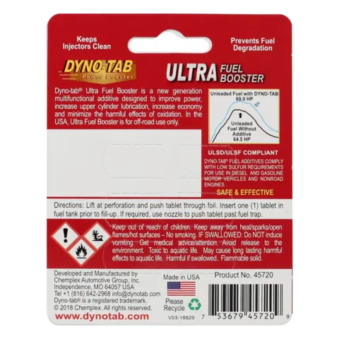 نمای پشت رسمی بسته مکمل سوخت داینو‌تب ULTRA Fuel Booster مدل 45720
